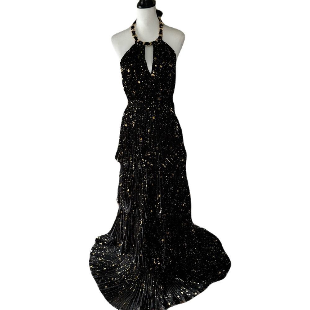 NWT Alex Marie Black and Gold Tiered Pleated Halter Maxi Dress – Size 4 - Picture 2 of 14